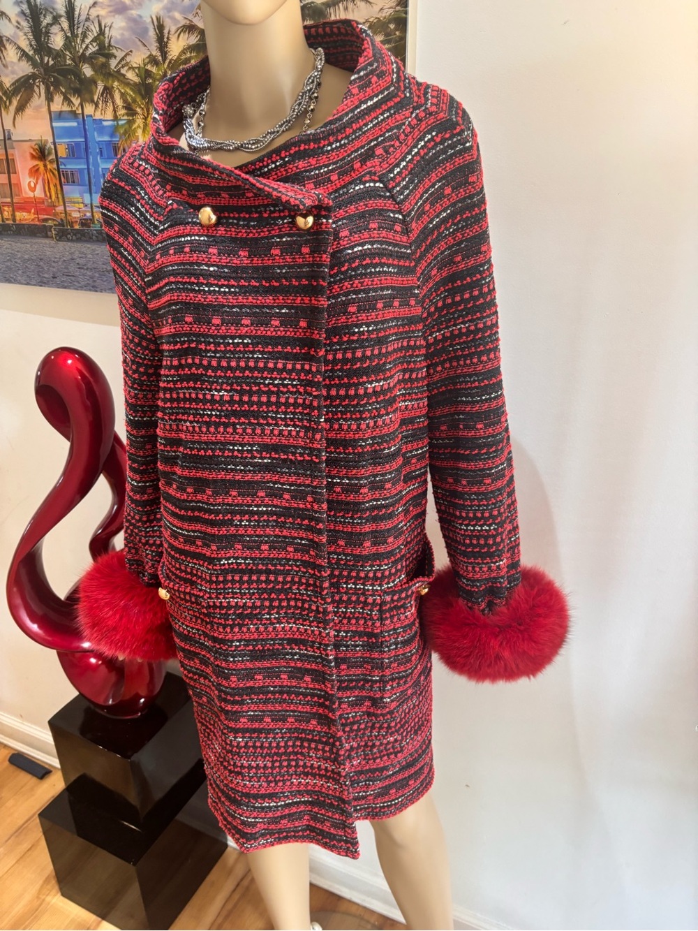 St. John Red Black Tweed Coat with Fox Fur Cuffs 10 M jacket